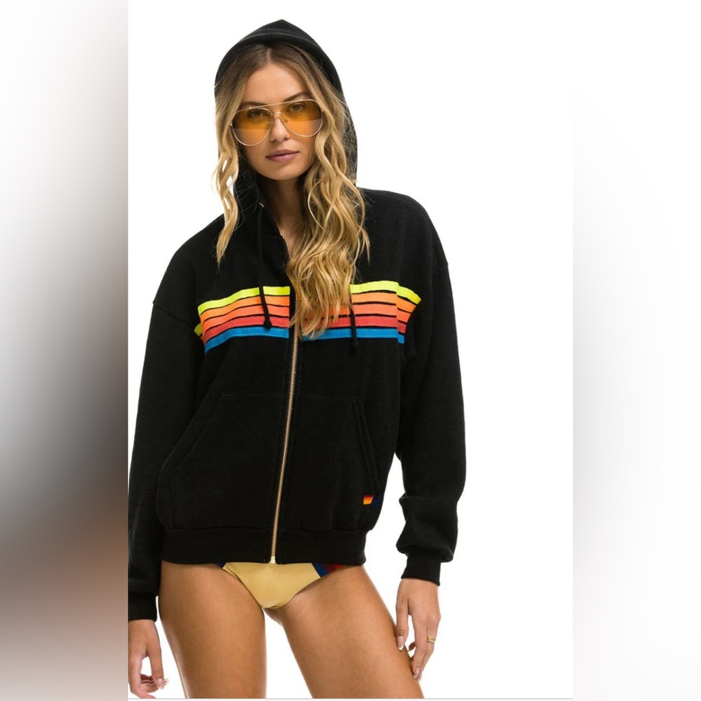 NWT AVIATOR NATION 5 STRIPE RELAXED ZIP HOODIE - BLACK NEON RAINBOW SIZE LARGE